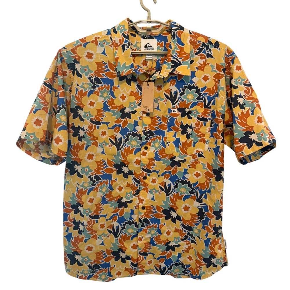 NWT Quiksilver Men Flower Power SS Floral Button Up Shirt Yellow Orange XXL
